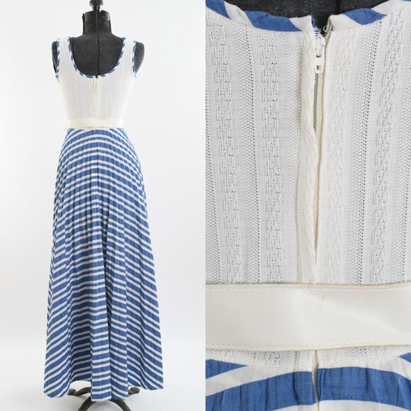 Vintage 1970s XS Blue White Corset Tie Bodice Sleeveless Maxi Dress - Picture 6 of 9
